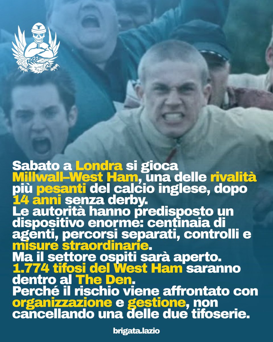 BrigataLazio's tweet photo. A Londra, per Millwall–West Ham, una delle rivalità più dure del calcio inglese, saranno presenti 1.774 tifosi ospiti. Controlli straordinari, percorsi separati, centinaia di agenti. Ma si gioca con entrambe le tifoserie.

In Italia, per Venezia–Lazio, il settore ospiti viene invece ridotto a 500 posti. E per i Laziali è soltanto l’ennesimo episodio dopo anni di trasferte vietate, limitazioni e settori ridotti.

La sicurezza viene prima di tutto. Ma proprio per questo la domanda è inevitabile: quando “sicurezza” diventa semplicemente il modo più comodo per non saper gestire?

Organizzare, controllare e prevenire richiede lavoro. Vietare è molto più semplice.

E quando davanti a un problema la risposta diventa sistematicamente limitare una libertà invece di trovare il modo di garantirla in sicurezza, non è più soltanto una questione da tifosi.