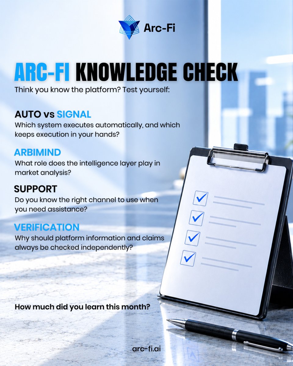ArcFiLimited's tweet photo. Think you know Arc-Fi? 🧠

Test your knowledge, from Auto vs Signal to ArbiMind, support channels, and independent verification.

How much did you learn this month?

Explore more at https://t.co/H7uFrQRNvh

#ArcFi #ArbiMind #SignalPro #CryptoEducation #AITrading https://t.co/C90AszJoEj
