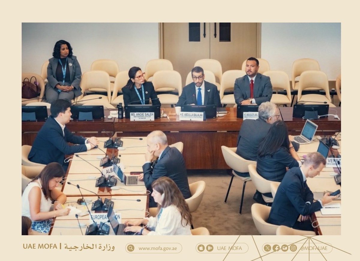 mofauae's tweet photo. H.E. Abdulla Balalaa, Assistant Minister of Foreign Affairs for Energy and Sustainability, led the UAE's engagement at the 63rd session of the United Nations Human Rights Council in Geneva, briefing Member States on preparations for the 2026 UN Water Conference and delivering a joint statement on behalf of the UAE and Senegal, co-hosts of the Conference.
The statement underscored that access to safe drinking water and sanitation is indispensable to health, dignity, and full participation in society, and called for strengthened international cooperation.
As partners in co-hosting, the UAE and Senegal are working to convene an action-oriented conference focused on accelerating implementation and delivering solutions. 

@UNWaterConfUAE

https://t.co/qnsqcN07cl