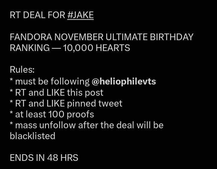 Lovingjaeyunie's tweet photo. RT DEAL FOR #JAKE

FANDORA NOVEMBER ULTIMATE BIRTHDAY RANKING— 10,000 HEARTS

Rules:
-Must be following @heliophilevts
-RT and LIKE this post
-RT and LIKE pinned tweet
at least 100 proofs
-mass unfollow after the deal will be blacklisted

-ENDS IN 48 HRS 

#ALLFORJAKE #제이크 https://t.co/yd1AqJAy21