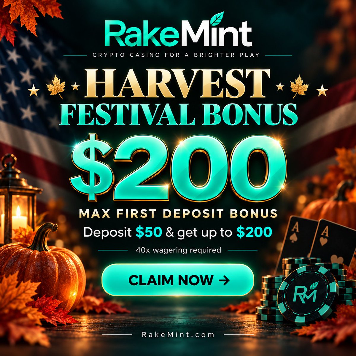 Rakemint_real's tweet photo. 🍂 Harvest Festival Bonus is live on RakeMint!
Deposit $50 on your first deposit and get up to $200 bonus. 🎃💰

 40x wagering applies. Claim now → https://t.co/D9uJc6tonJ

#RakeMint #CryptoCasino #CasinoBonus #WelcomeBonus https://t.co/xwnUxvd02R