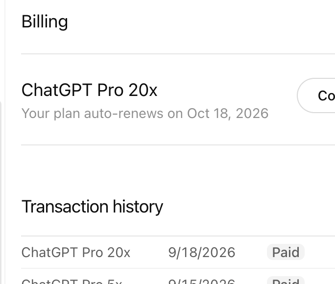 Voxyz_ai's tweet photo. BREAKING: The 𝗖𝗵𝗮𝘁𝗚𝗣𝗧 𝗣𝗿𝗼 𝟮𝟬𝘅 upgrade option is back for me.

Just spotted it in the Codex desktop app and immediately upgraded my second account from 5x to 20x. Payment went through 😭

If you’ve been unable to upgrade, check the desktop app. Is it available for you too?