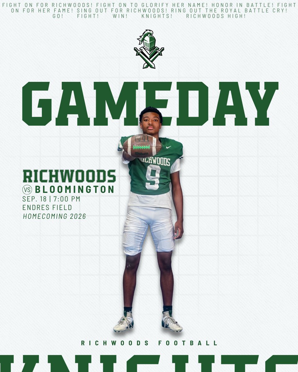 Richwoods_HS's tweet photo. GAME DAY
🏈: @RHSKnightsFB | Week 5
🆚: Bloomington
⏰: 7:00 PM
📍: Endres Field
⚔️: @MicahHunt93842

It's Homecoming 2026!

#weRrichwoods | #TheStandardOfExcellence https://t.co/wUtQds8ipl