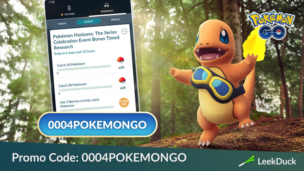 LeekDuck's tweet photo. Trainers can redeem this code from the Pokémon anime to get a free Timed Research. Complete the Timed Research to earn an encounter with Charmander wearing Friede’s goggles with a Special Background. 

Code: 0004POKEMONGO

Quick Redeem: https://t.co/KrHaWdkdFW
Promo Codes: https://t.co/LOs41k4GTo
Research Details: https://t.co/jwjhUTFuYW