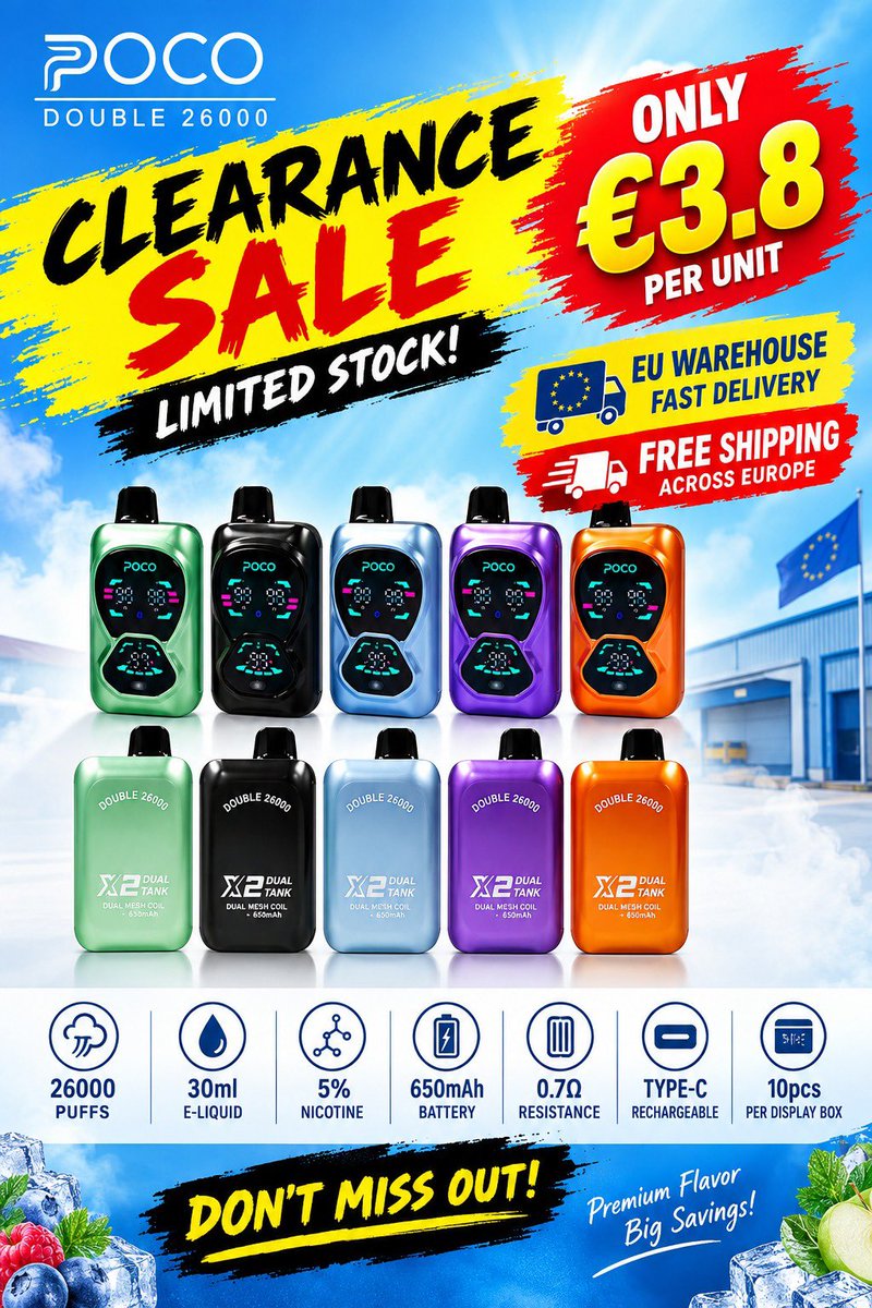 VAPLYNK's tweet photo. 🔥 POCO DOUBLE 26000 — CLEARANCE SALE!
💥 Only €3.80/pc 📦 EU Warehouse 🚚 FREE SHIPPING ⚡ 26,000 Puffs | 30ml | 5% Nic | Type-C Rechargeable
⏳ Limited clearance stock — first come, first served!
📩 DM us for the full price list &amp; order details.
#VapeWholesale #Vape https://t.co/UsSXP0Xso5