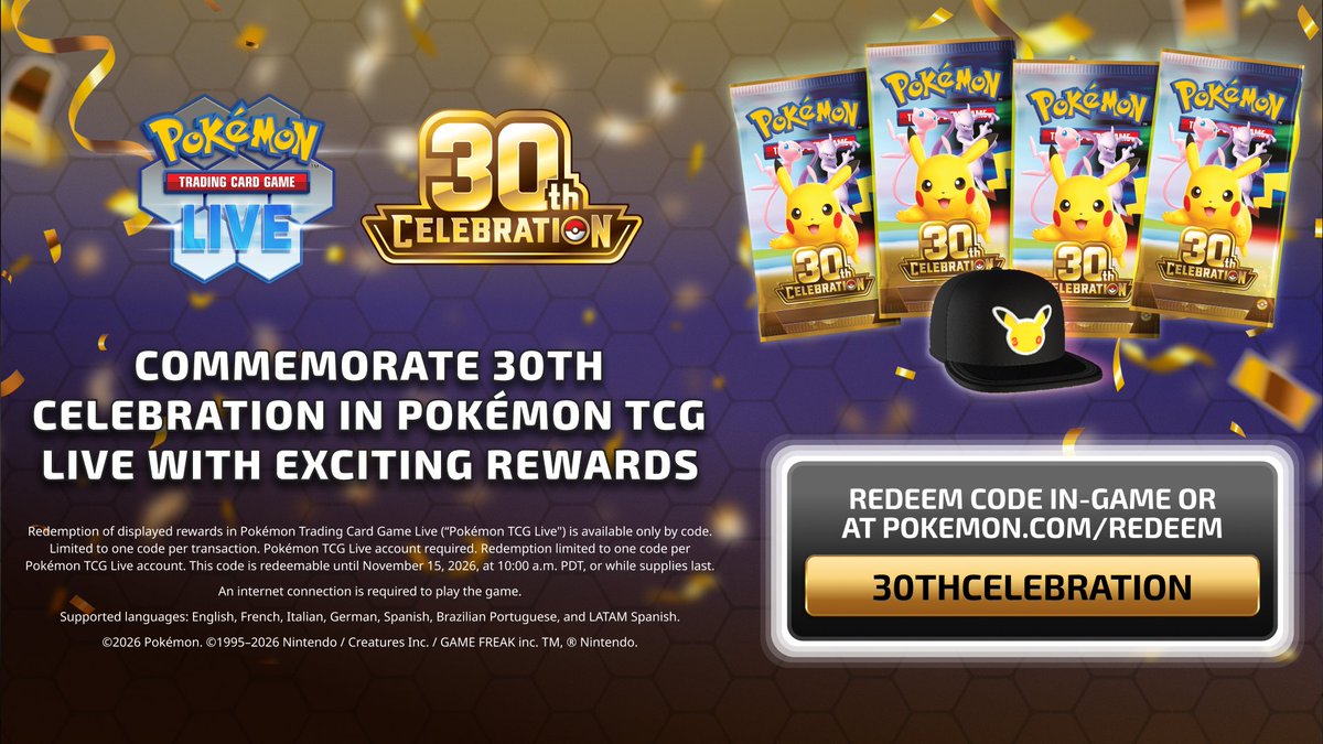 PokemonTCGLive's tweet photo. Party through the #PokemonTCG: 30th Celebration 🎉 expansion with a new featured passcode!

Redeem the code "30THCELEBRATION" in Pokémon TCG Live to receive Pokémon TCG: 30th Celebration booster packs and a Flat Bill Hat avatar cosmetic!

Claim Now: https://t.co/jZndfcxJWm https://t.co/ZgzAjcHbcK