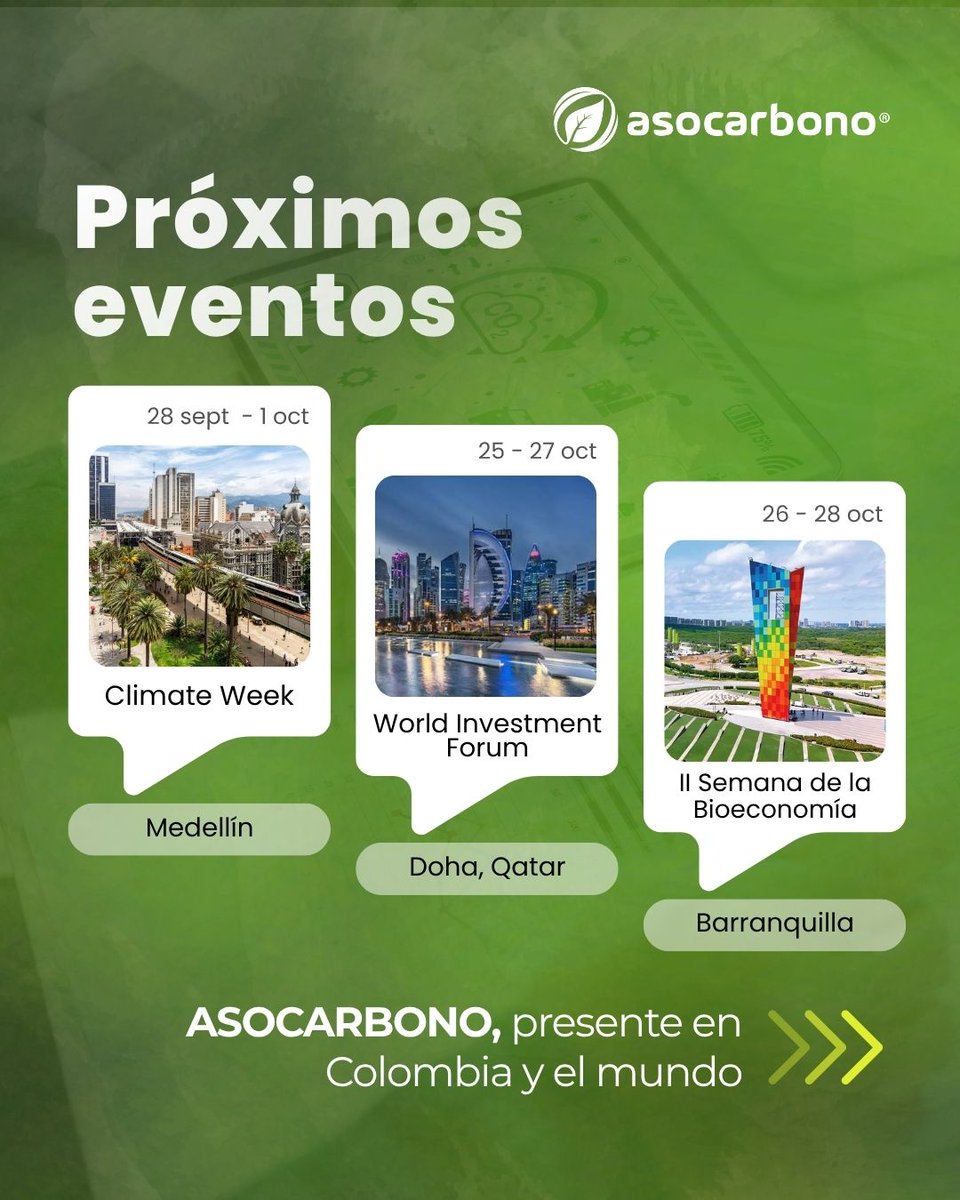 Asocarbonocol's tweet photo. 🌎 ASOCARBONO presente en Colombia y el mundo.

Nos esperan tres grandes encuentros para conectar actores, compartir conocimiento e impulsar los mercados de carbono. 🌱

📍 Medellín | Barranquilla | Doha
📅 Septiembre y octubre
¡Acompáñanos!
#ASOCARBONO #MercadosDeCarbono https://t.co/wjqHiAMfnv