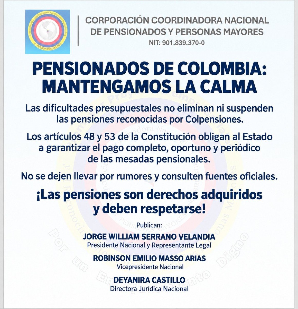 deyaeduf's tweet photo. @gener_usuga Pensionados de Colombia: mantengamos la calma. Las pensiones reconocidas por Colpensiones son derechos adquiridos. La Constitución obliga al Estado a garantizar su pago completo, oportuno y periódico. 

 ¡Defenderemos sus derechos! https://t.co/L5LVXgi7xp