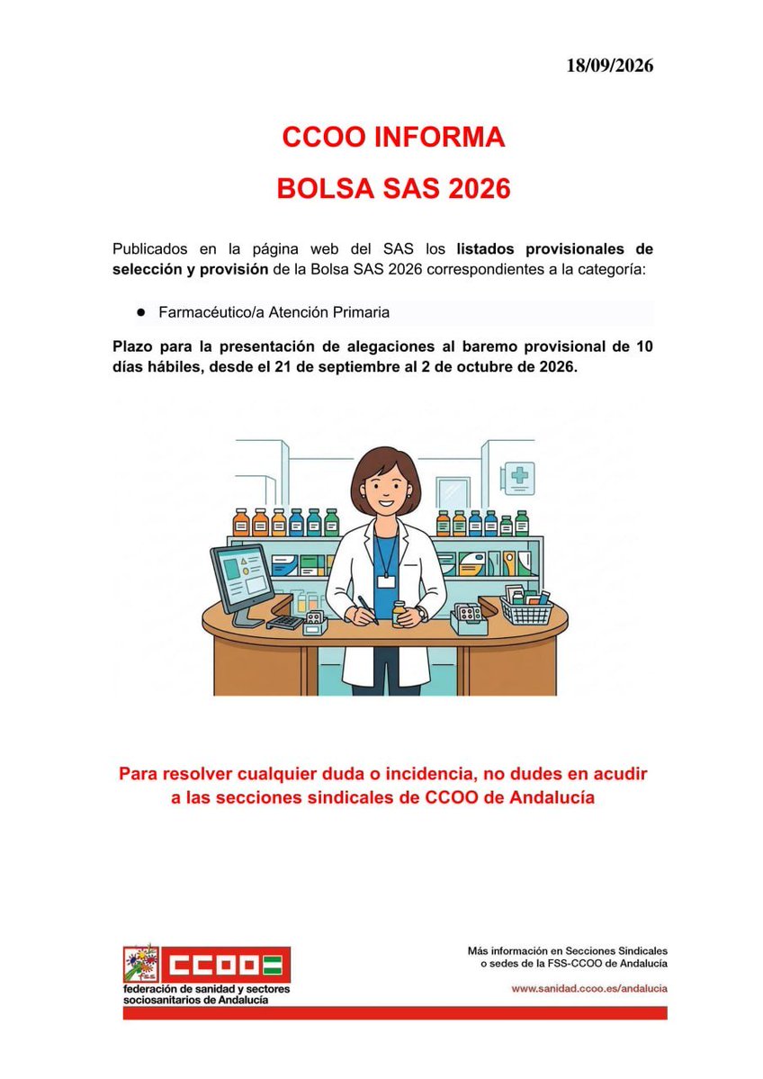 ccoohucs's tweet photo. 💻 Hoy tenemos novedades con los listados provisionales de Bolsa SAS de la categoría Farmacéutico AP

💻 Consulta los listados desde nuestra web:
https://t.co/IZC32XCNry https://t.co/i285BNtksN
