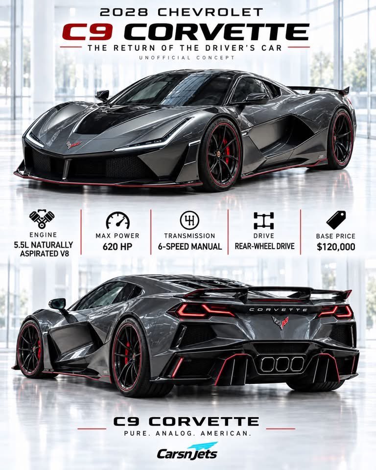 CarManToday's tweet photo. What if Chevrolet made the C9 Corvette a true driver’s car? This unofficial 2028 concept imagines a naturally aspirated V8, 6 speed manual and rear wheel drive wrapped in an aggressive new design. Pure. Analog. American.

Should they build it?

#Corvette #C9Corvette #ConceptCar #americanmuscle