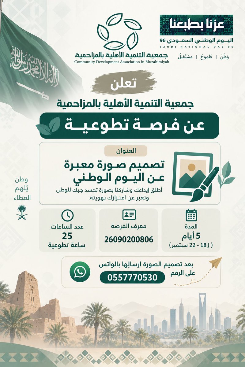 tnamahmoz's tweet photo. 🇸🇦🎨 فرصة تطوعية | اليوم الوطني 96

تعلن جمعية التنمية الأهلية بالمزاحمية عن فرصة «تصميم صورة معبرة عن اليوم الوطني».

📅 18–22 سبتمبر | ⏱️ 25 ساعة تطوعية
🔢 معرف الفرصة: 26090200806

📲 تُرسل التصاميم عبر الواتساب: 0557770530

#جمعية_التنمية_الأهلية_بالمزاحمية
#عزنا_بطبعنا https://t.co/xePbEzZfgg