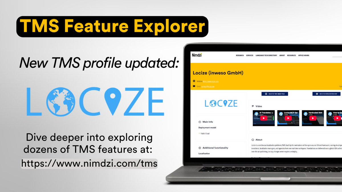 Nimdzi_Insights's tweet photo. @locize connects continuous localization with modern development workflows, combining real-time translation delivery, MT and LLM providers, linguistic context, and AI-powered quality estimation.

Kudos to Adriano Raiano, for helping us keep the profile up to date!

Explore: https://t.co/tY6HlHqUi7

#Localization #TMS #TalkToNimdzi