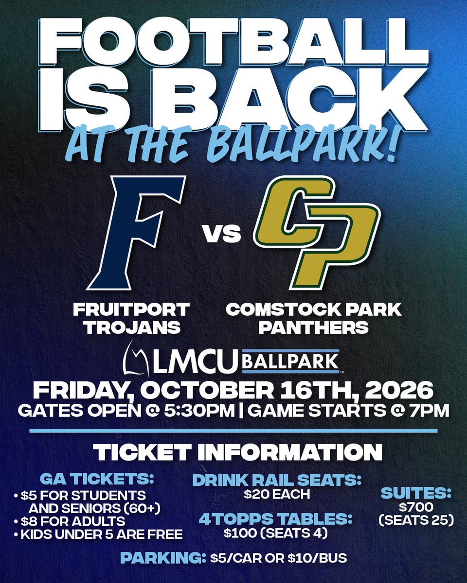wmwhitecaps's tweet photo. MORE FOOTBALL, MORE BETTER!!!

We've added a second high school football game to the calendar!  Come see the Comstock Park Panthers take on the Fruitport Trojans on Friday, October 16th!

🎟 ➡ https://t.co/OI40mx0E12 https://t.co/0Y6gVasad5