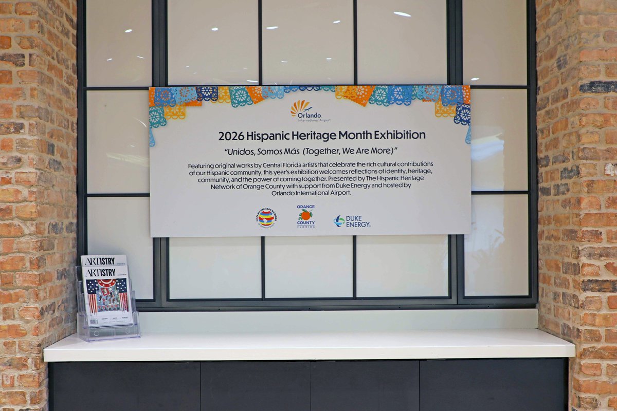 MCO's tweet photo. 🎨 Our Hispanic Heritage Month Art Exhibit is back! Unidos, Somos Más (Together, We Are More), presented by The Hispanic Heritage Network of Central Florida &amp; supported by @DukeEnergy, showcases local art celebrating our Hispanic community.
📍 Gallery MCO
📅 Through November 9 https://t.co/n0VFoqhbYq