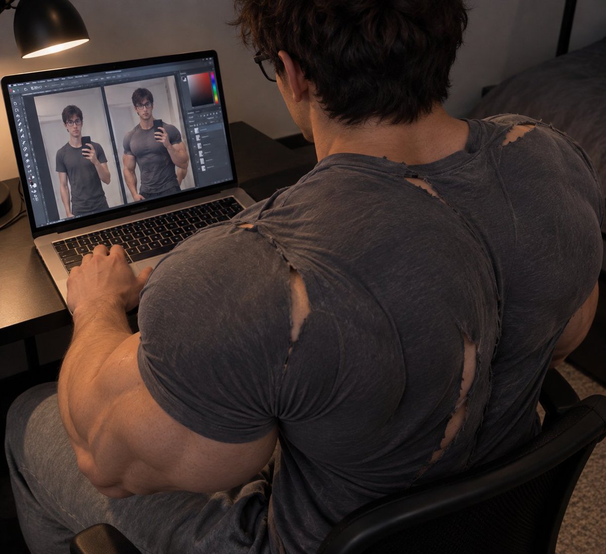 aimuscle286065's tweet photo. The nerdy friend got a new Photoshop program and decided to mess around with it, editing a picture of himself to look ridiculously buff. He was having so much fun making the muscles bigger and bigger that he never noticed the program was changing him too… https://t.co/00ArYXyteO