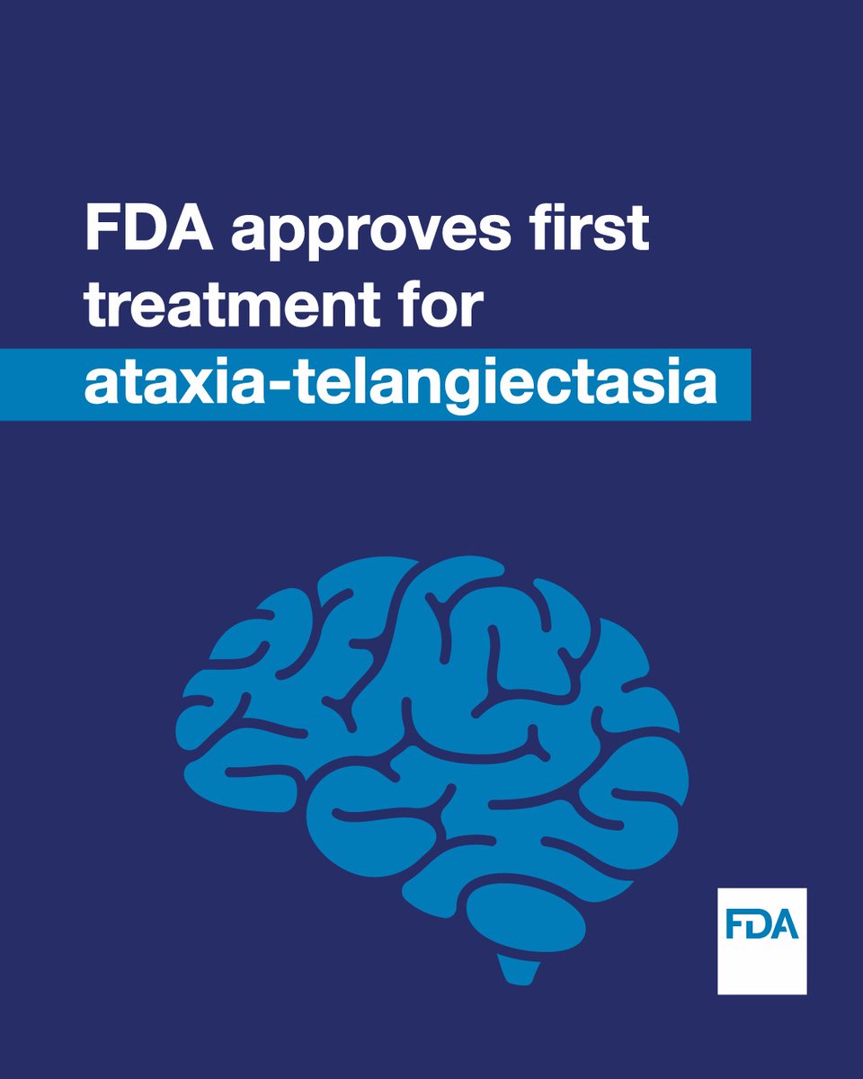 FDADrugs's tweet photo. Today, the @US_FDA approved the first treatment for ataxia-telangiectasia (A-T) in adults and pediatric patients weighing at least 15 kg, reflecting an important milestone for families facing this progressive condition and our continued commitment to patients with rare diseases. https://t.co/kXVZwuP7zK