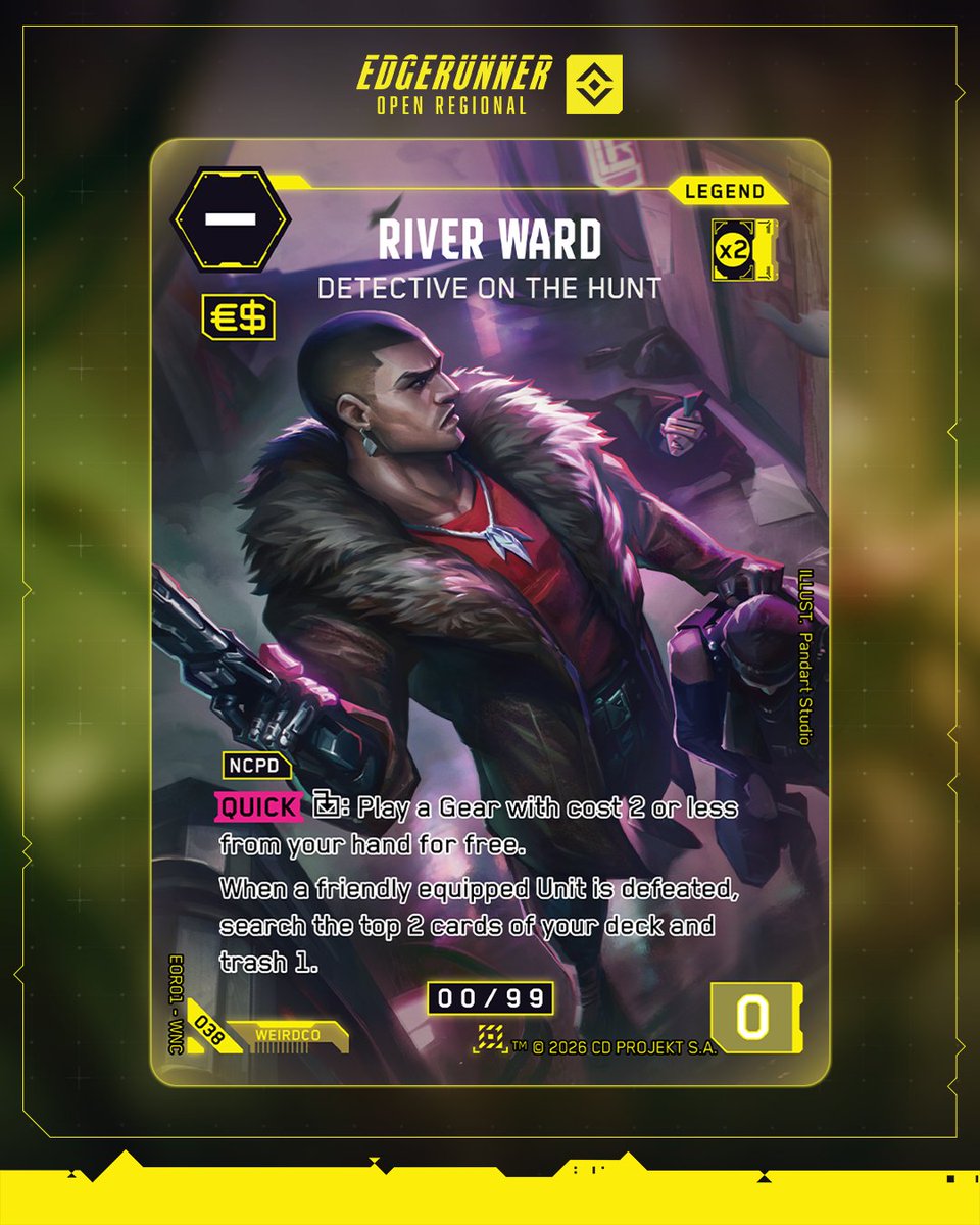 Kawatek_CG's tweet photo. We have Encrptyed Serialized Legend cards that you can earn by being the highest placed player using X Legend. You can read more about how this works over on our Edgerunner Regional Open page here: https://t.co/xfmH9CDorm

(2/12) https://t.co/F5I3YimGlu