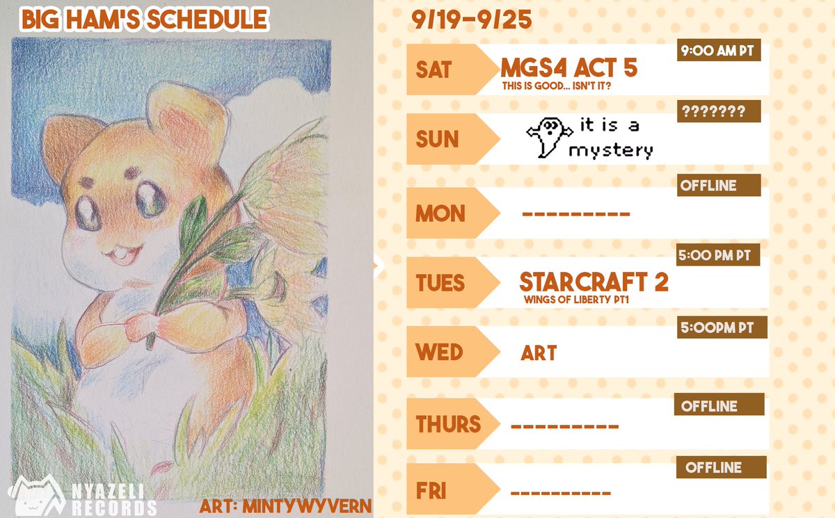 BIGHAM_vt's tweet photo. 👊[ WEEK OF 9/19- 9/25 Schedule ]
🎨art tag: #bighamART
🎬clips tag: #CLIPHAM
General tag: #BIGHAM #BIGHAM_vt

bizarro big ham world. The start of the week is now saturday! Been really hyped about new game announcement and I want to revisit SC2's campaign. https://t.co/vSEig0owIF