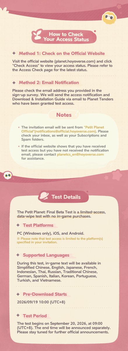 PetitPlanetGame's tweet photo. Final Beta Test Invites Are Going Out Now
Every wait will find its answer—
Access to the Petit Planet: Final Beta Test will begin rolling out on September 19, 2026 at 10:00 (UTC+8). Pre-download is now available.
You can check your access status using the methods below. For details on when you can log in and your eligible platform/device, please refer to the access check page on the official website. 
[For Those Who Haven't Received Access Yet 🌱]
This is only the first batch of test invites. There will be more opportunities to get access later.
If you haven't received access yet, please stay tuned to our official updates and keep an eye on the email address you provided in the sign-up survey. Your surprise might still be on its way, waiting to connect with you!

#FinalBetaTest
#PetitPlanet