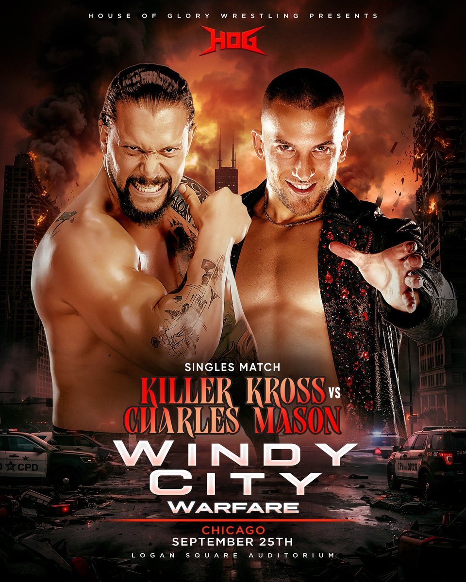 HOGwrestling's tweet photo. ICYMI: In a battle of the most feared men in professional wrestling, Killer Kross battles Charles Mason next Friday at Windy City Warfare! Chicago will never be the same after this one. 

Live &amp; Free on YouTube - 8 PM CT

🎟️ https://t.co/X7bEKS0UE5 https://t.co/c7LtwRZHga