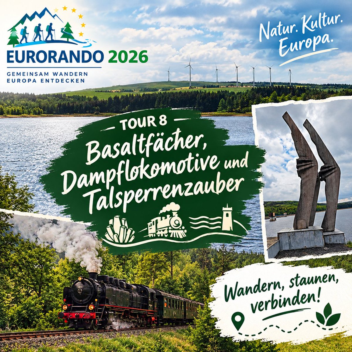 oeri72's tweet photo. Eurorando 2026 – Tour 8: Basaltfächer, Dampflokomotive & Talsperrenzauber 🥾🚂
Wandern, staunen, verbinden! Erlebe eine spektakuläre Basaltformation, nostalgischen Dampflok-Charme und weite Ausblicke am Wasser.
Natur. Kultur. Europa. Sei dabei! 🌲✨
#Eurorando2026 #Wandern https://t.co/jGqBf65TKe