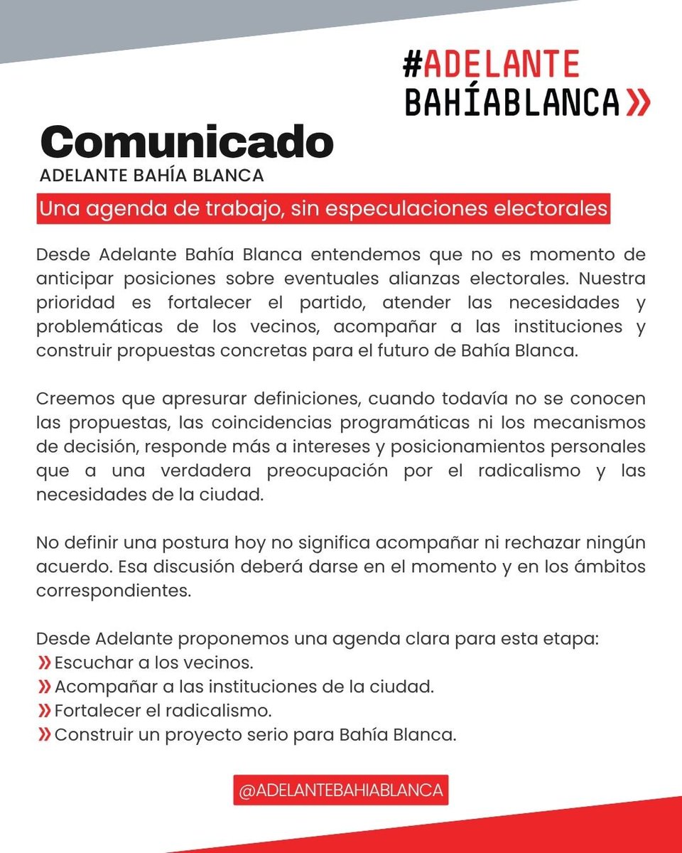 BahiaAdelante's tweet photo. Una agenda de trabajo, sin especulaciones electorales.

Hoy la prioridad es clara: fortalecer el radicalismo, escuchar a los vecinos y trabajar por el futuro de Bahía Blanca. https://t.co/f8k2TlKfnh