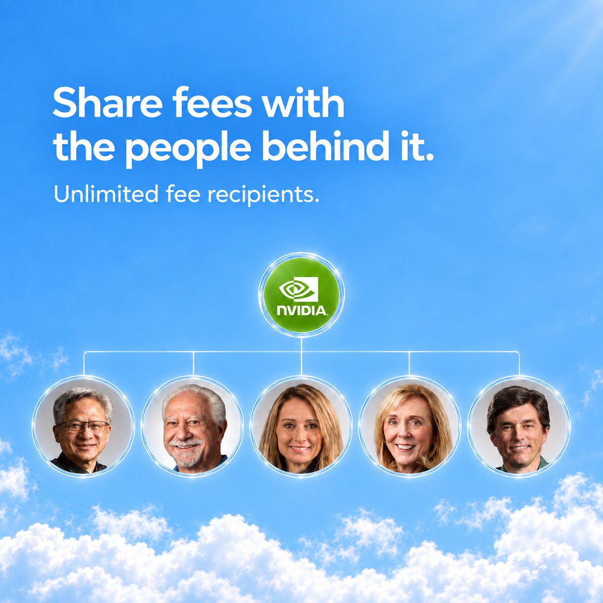 threedotbid's tweet photo. What if 100 NVIDIA employees could claim trading fees from your coin?  

Or 100 Tesla engineers. Your favourite creators. Every contributor to an open source project...  

With https://t.co/x9BEubnfYZ you can add UNLIMITED recipients to your coin.   

Everyone on your list is eligible to claim. Each payout goes to one successful claimant.  

One coin. Your choice of people.