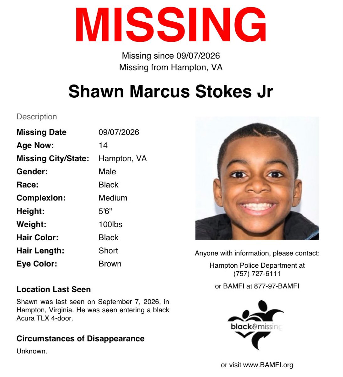 BAM_FI's tweet photo. #FindingFriday: #Hampton, #VA: 14y/o Shawn was last seen entering a black Acura TLX 4-door on Sep 7, wearing a black hoodie, black jeans, black shoes, and carrying a black backpack &amp; two plastic totes.

SHARE to #HelpUsFindShawnStokesJr #ShawnStokesJr #HelpUsFindUs https://t.co/2nwAv5AF0m