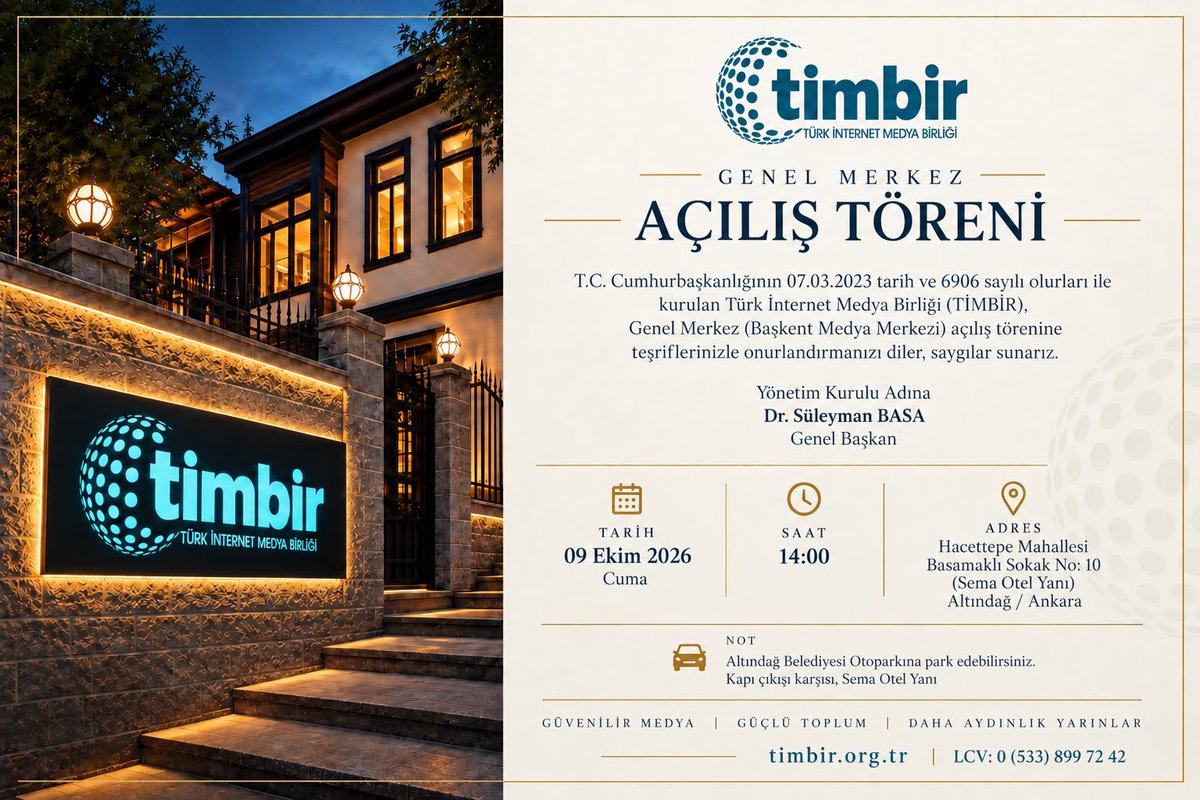 TimbirTR's tweet photo. TİMBİR Genel Merkez açılış törenine teşriflerinizle onurlandırmanız diler saygılar sunarız. 

Tarih . 09.Ekim.2026
Saat: 14:00
Adres:  Hacettepe Mahallesi Basamaklı Sokak. No: 10 (Sema Otel Yanı) 
/Altındağ / Ankara

Not: Altındağ Belediyesi Otoparkına Park edebilirsiniz. https://t.co/rxMa5Fph70