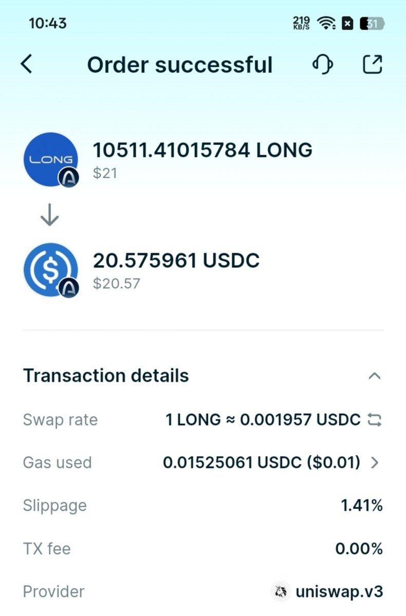 Nadia1766278's tweet photo. Just opened a LONG position with $21. 👀
The swap went through smoothly with only around $0.01 gas fee and 0% TX fee. Pretty clean execution.
Let’s see how this trade plays out.
#BitgetWallet #ARCChain #LONG https://t.co/5WbkZP5oQm