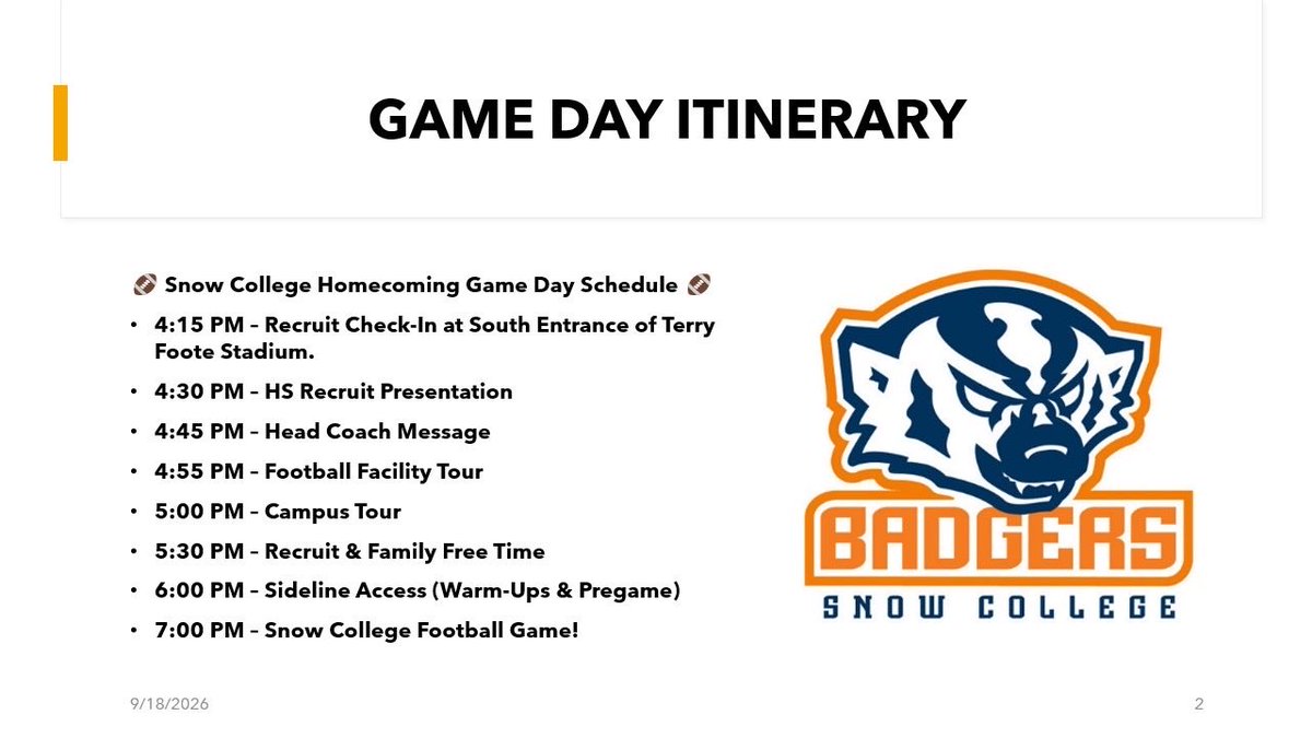 Monsta39's tweet photo. RECRUIT GAME DAY ITINERARY

We’re excited to have you and your family join us for Snow College Homecoming Game Day! Come experience Badger football, meet our coaches and players, see campus, and get a behind-the-scenes look at what it’s like to be a Snow College student-athlete. https://t.co/kxKCb9odB9
