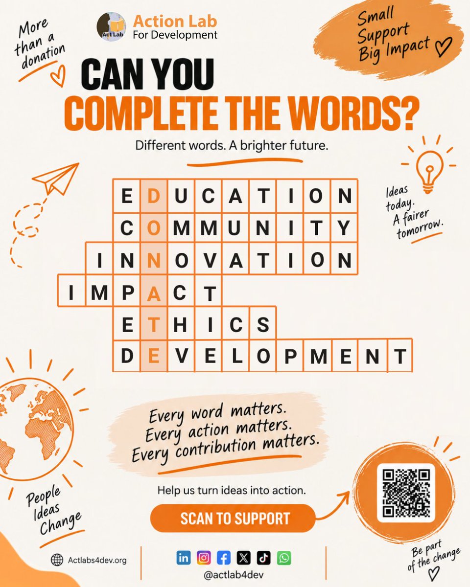 ActLab4Dev's tweet photo. Every word represents something we believe can help build a brighter future: education, community, innovation, impact, ethics, and development. 🧩🧡
But there’s one word that brings them all together: DONATE.
#ACTLAB #Fundraising #CommunityDevelopment https://t.co/bp0xjtcTyp