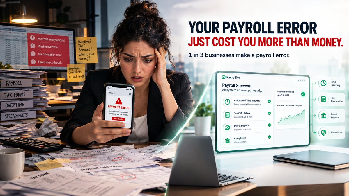 AiGhost03's tweet photo. Payroll Errors Are More Common Than You Think

1 in 3 businesses make a payroll error in any given year, and the average error costs $291 to fix once you factor in the time spent correcting it, communicating with the affected employee, and potential penalty risk.

*Any strong emotion will make them stop and read.*

Payroll feels like it should be simple — pay people the right amount on the right day — but it's actually one of the more error-prone processes in any business because it involves so many variable inputs: hours worked, overtime, PTO, tax withholding changes, benefits deductions, bonus structures.

Manually calculating all of that correctly, every single pay period, for every employee, is a task genuinely built for automation, not humans.

Here's what automated payroll actually fixes:

1. Hours and overtime calculate automatically from time-tracking data, no manual math

2. Tax withholding updates automatically as regulations or employee status changes

3. Payments process automatically on schedule with zero manual approval bottleneck

4. Compliance reporting generates automatically instead of requiring a manual scramble

5. Employees get self-service access to pay stubs and tax documents automatically

Technically, platforms like Gusto or Rippling connect directly to your time-tracking system (When I Work, Homebase) so hours flow in automatically without manual entry.

Tax calculations update automatically based on current regulations and each employee's specific situation, and direct deposits process on a set schedule without requiring manual approval every single cycle.

Compliance filings — quarterly tax reports, year-end documents — generate automatically as well, removing one of the highest-stakes manual tasks in the entire business.

Zoom out: payroll is one of those areas where a mistake doesn't just cost money, it costs trust — employees notice immediately if their paycheck is wrong, and repeated errors damage morale in a way that's hard to repair.

Automation isn't just an efficiency play here, it's directly protecting one of your most important internal relationships.

I break the full payroll automation stack down in a free ebook.

Follow + comment "AUTO" and I'll send it over.