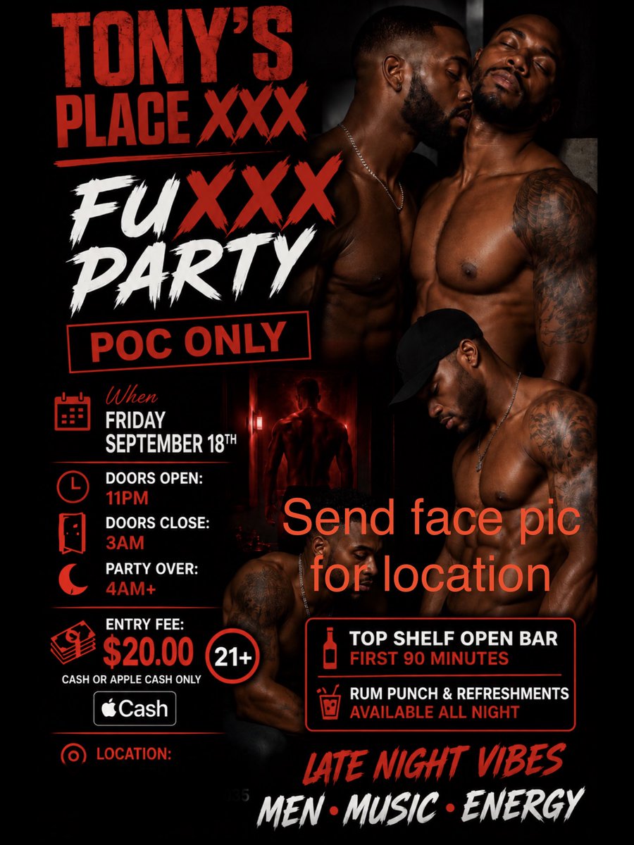 Tonysplacexxx's tweet photo. It’s Friday fellas come to Tony’s place xxx harlem to get that end of the week nut off and chill with with some of nyc sexiest men. we in here from 11pm to 4am #nycsexparty #rawislaw #harlemsexparty #gaypoc #tonysplacexxx https://t.co/lnreSKF6Ni