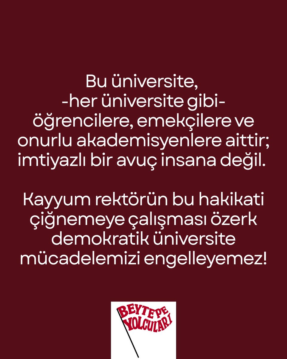beytepeyolcusu2's tweet photo. Hacettepe -her üniversite gibi- öğrencilere, emekçilere ve onurlu akademisyenlere aittir, imtiyazlı bir avuç insana değil. Kayyum rektörün bu hakikati çiğnemeye çalışması özerk demokratik üniversite mücadelemizi engelleyemez!⭐️
#hacettepe #hacettepeayakta https://t.co/pAkSSdARVu