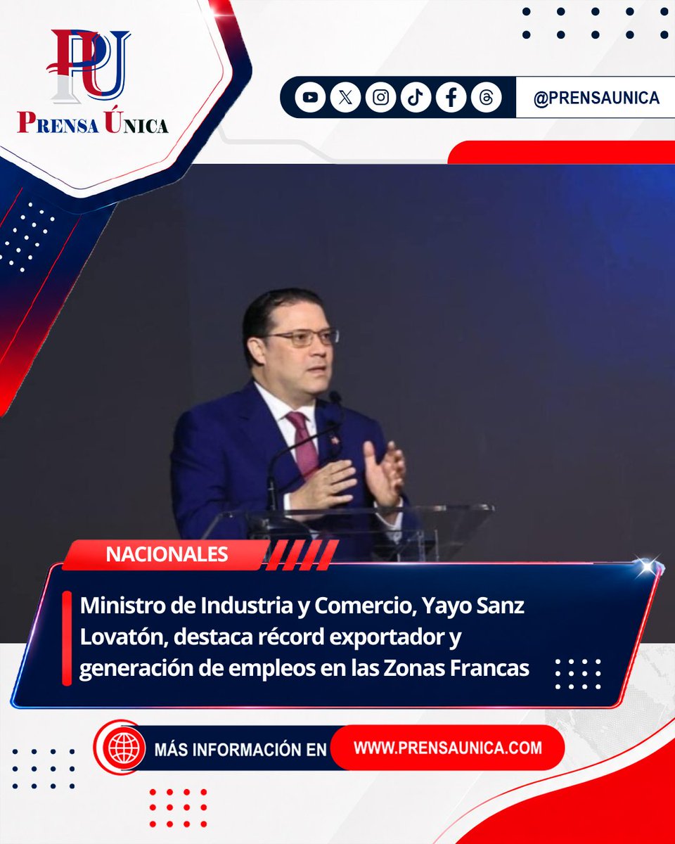 PrensaUnicaPU's tweet photo. #PrensaÚnica Ministro de Industria y Comercio, Yayo Sanz Lovatón, destaca récord exportador y generación de empleos en las Zonas Francas.

LEA MÁS 👇 
https://t.co/5Zn0amyNCq

#PrensaUnica #YayoSanzLovaton #MICM #ZonasFrancas #ExportacionesRD #Empleos #IndustriaRD #ComercioRD https://t.co/8UAZTQBL3g