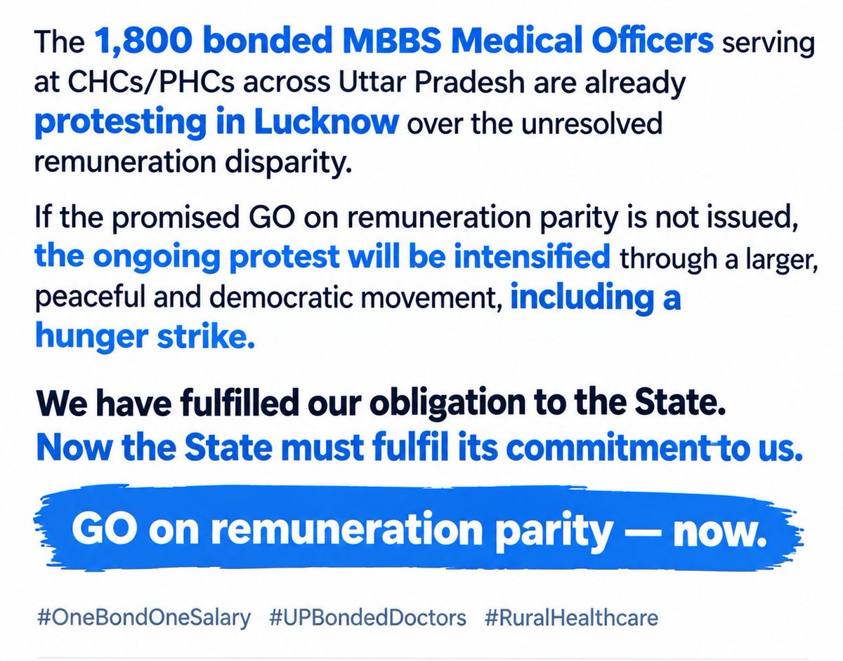 Updoctorsvoice's tweet photo. We have fulfilled our obligation to the State.
Now the State must fulfil its commitment to us.
GO on remuneration parity — now.
@brajeshpathakup @CMOfficeUP @UPGovt @myogiadityanath @SureshKKhanna https://t.co/SXReoWqGR7