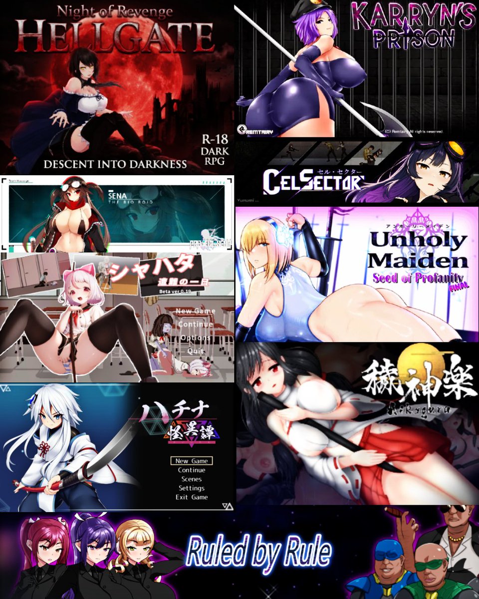 FAIRYPAWG's tweet photo. https://t.co/5blIDD6Ih1

Took me some time since I'm sick.
But here is my favourite +18 Game.

1. NoR Hellgate (Mod for the Original Game, I love it so bad)
2. Karryn's Prison
3. CelSector
4. Unholy Maiden (Also a FanMade Mods. Amazing 💕)
5. Syahata Bad Day
6. Ruled by Rule
7. Hachina
8. Project Sena
9. Aikagura 
10. Flash Cycling Ride.2 (it's 10 but could be top 3 easily
A mod also exist making it way better ) 

And some little bonus: 

- Chikan undercover Agent Rina
- Unholy Prayer ( not complete) 
- Kamikaze Kommittee Ouka 
- The Agnietta 
- Dungeon and Cat
- Hypnosis Knight Princess 
- Sinistar 2
- Tunnel Escape 
- Colony City 27A
