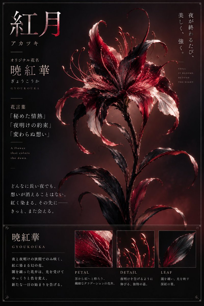 hanamura0319's tweet photo. 貴方の【名前】から生まれる世界に唯一無二の花

リプにプロンプトを貼っておきます。
是非、引用で貴方だけの花を見せてください🌸

 #紅月概念設計 https://t.co/xN9QMSZ8xu