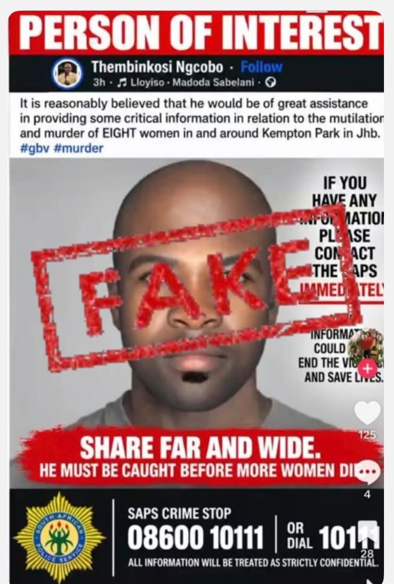 SAPoliceService's tweet photo. #sapsHQ [PUBLIC CAUTION: SAPS HAS NOT ISSUED ANY IDENTIKIT ON EKURHULENI MURDERS]

The South African Police Service (SAPS) urges members of the public not to circulate or share photographs of persons alleged to be linked to the murders of women in the area.

SAPS has not issued any identikit, wanted poster or photograph of a suspect or suspects in connection with these cases.

Members of the public are cautioned against sharing unverified information, as this could result in innocent people being wrongly identified, harassed or targeted.

#SAPS will communicate officially should any suspect be positively identified and should the public’s assistance be required.

SAPS assures the public that it is seized with these cases and is following every lead that may assist investigators in establishing the circumstances surrounding the murders and identifying those responsible.

Communities are urged to rely only on information issued through official SAPS communication channels and to report any information that may assist the investigation to the police.

#EndGBVF #DeleteDontShare #ResponsibleSocialMediaUse ST
