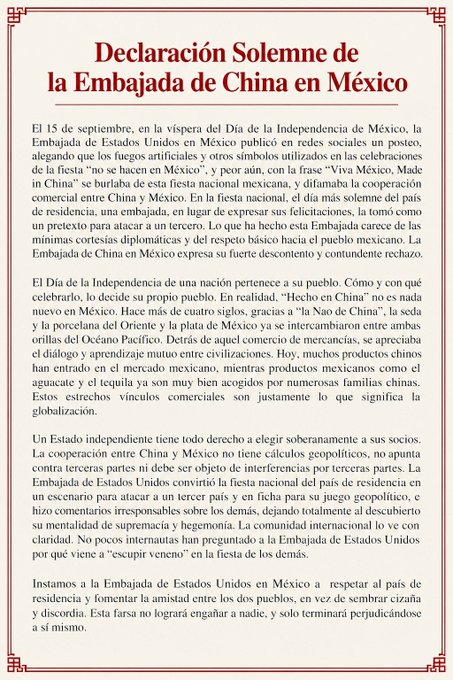 QuesaVerdades's tweet photo. #ULTIMAHORA | 🇨🇳🇲🇽🇺🇸 | CHINA RESPONDE A EE. UU. POR MENSAJE SOBRE LA INDEPENDENCIA DE MÉXICO

⚠️  La Embajada de China en México expresó su “fuerte descontento y contundente rechazo” a una publicación de la Embajada de Estados Unidos que, según Pekín, utilizó la celebración del Día de la Independencia mexicana para cuestionar el origen de los fuegos artificiales y otros símbolos, incluyendo la frase “Viva México, Made in China”. 🇲🇽

China calificó el mensaje como una falta de respeto hacia México y defendió la relación comercial entre ambos países, recordando los históricos intercambios vinculados a la llamada Nao de China y destacando el comercio actual de productos como el aguacate y el tequila.

La embajada china también pidió a Washington respetar al país anfitrión y evitar convertir la celebración nacional mexicana en un escenario de confrontación geopolítica. 🌎

#BreakingNews #China #Mexico #USA #IndependenceDay