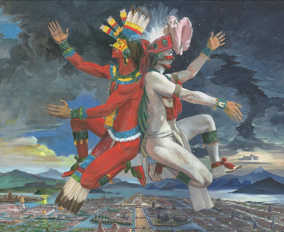 MiCorazonMexica's tweet photo. TONATIUH AND TECCIZTECATL

I painted Tonatiuh, the Sun, and Tecciztecatl, the Moon, moving together above Tenochtitlan. Their paired bodies embody the celestial rhythm of day and night, radiance and reflection.

Gouache on paper. Join my mailing list for new artwork, research, and studio news:
https://t.co/VJmlyhnSkm