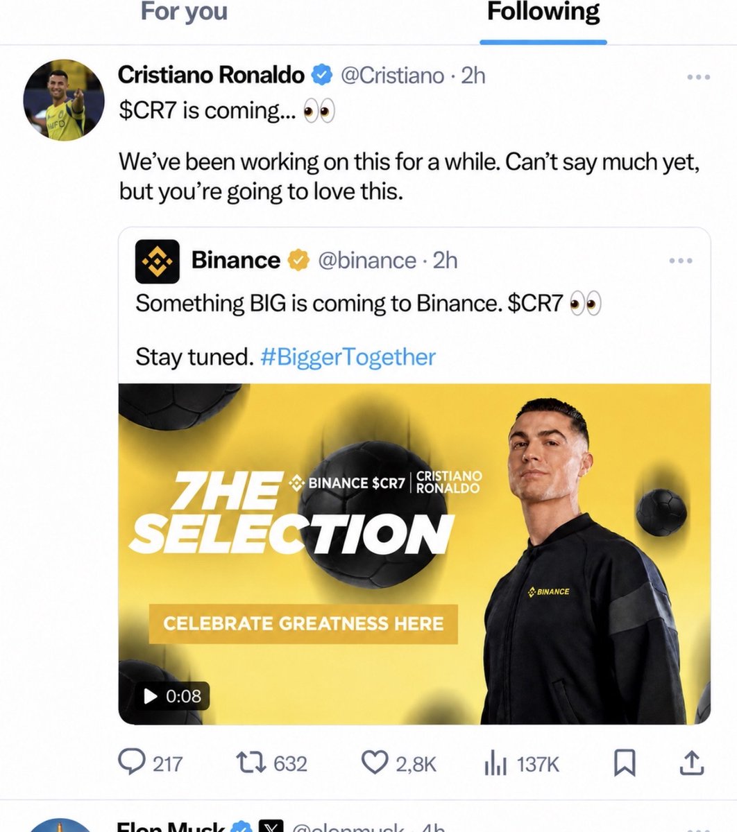 CTNewsApp's tweet photo. 🚨 JUST IN 🚨

Binance just posted about Cristiano Ronaldo’s ( $#CR7 ) coin. I warned you… now it happened.

Only few days until $#CR7 launches

🌎 Official Presale: https://t.co/JQah39Ybsl
Telegram: https://t.co/pqMzy1yWJ5

On launch day, I wanna see the haters crying 😂

Sources confirm a $3 launch price – do the math yourself on how many X that is.

NFA & Always DYOR