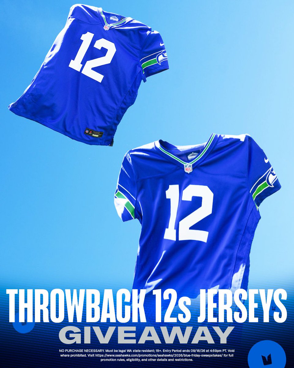 Seahawks's tweet photo. 🚨 BLUE FRIDAY JERSEY GIVEAWAY 🚨

Like &amp; repost to win two throwback 12s jerseys.

Full rules: https://t.co/Gkq29LoXIf  | #sweepstakes https://t.co/EFvq3jZEqE