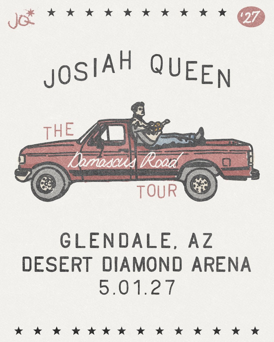 DDArenaAZ's tweet photo. TICKETS ARE ON SALE NOW! 🎟
Josiah Queen is bringing the Damascus Road Tour to Desert Diamond Arena on May 1, 2027! Grab your friends and get your tickets now for an unforgettable night at https://t.co/l4yPgFUqd6 https://t.co/1OcXt93OIo