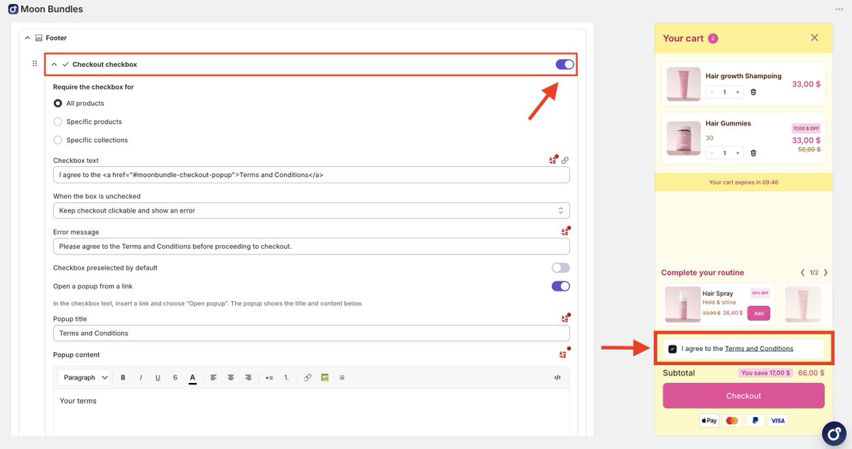 BambinoShopify's tweet photo. new in the moonbundles cart 🛒

you can now add a required checkbox before checkout

terms &amp; conditions, return policy, pre-order terms… choose the text, the products it applies to and the error message https://t.co/lvIGnrdRJ8