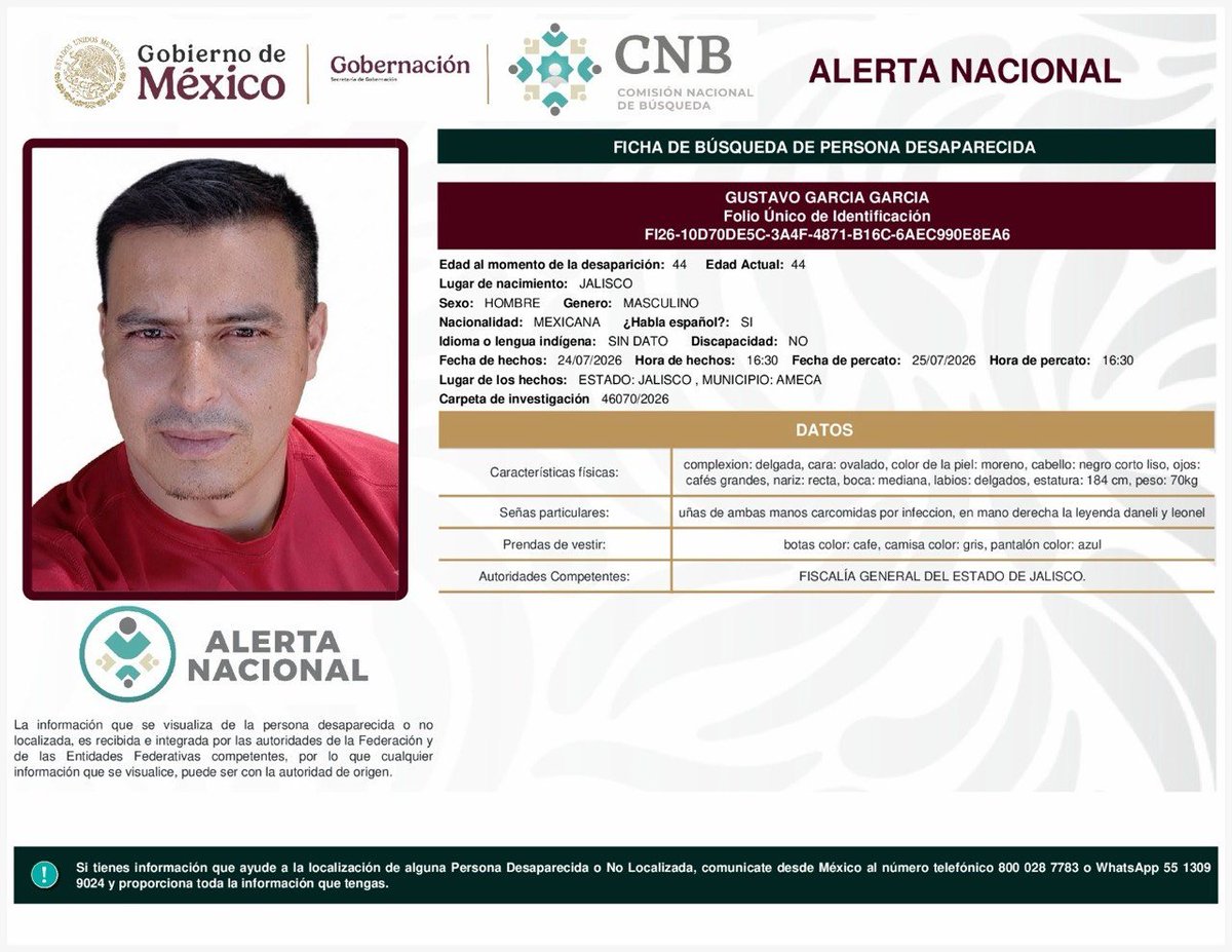 AAMBER_JAL's tweet photo. 🚨 Solicitamos su apoyo para localización de persona 🚨

⚖️ Alerta Amber Jalisco y @FiscaliaJal  en coordinación con la @Busqueda_MX , solicitan su apoyo para la difusión de la cédula informativa con el objetivo de localizar a

GUSTAZO GARCIA GARCIA https://t.co/zOwrgg0U1C