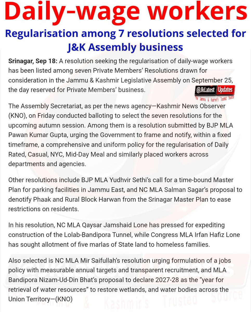JkLatestUpdates's tweet photo. >> Daily‑wage workers REGULARISATION among 7 resolutions selected for J&K Assembly business.. #JkLatestUpdates
#Kashmir #DailyWagers #Regularization #Assembly @diprjk @CM_JnK @JKNC_ @jkpdp @BJP4JnK @rjnasirkashmir @RJSameenKhan @Mirchi_Rafia @mehakzubair1 @OfficeOfLGJandK https://t.co/zDswLu6z0R