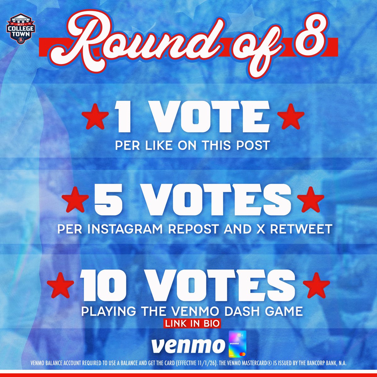 BarstoolClemson's tweet photo. THE ROUND OF 8 IS HERE 🚨

CLEMSON NEEDS YOUR VOTE!

If we advance, Barstool is coming to town for a Round of 4 bar voting party within the next 2 weeks!

Voting ends Sunday at 11:59 ET 

Presented by @Venmo https://t.co/mitDeuqX4e