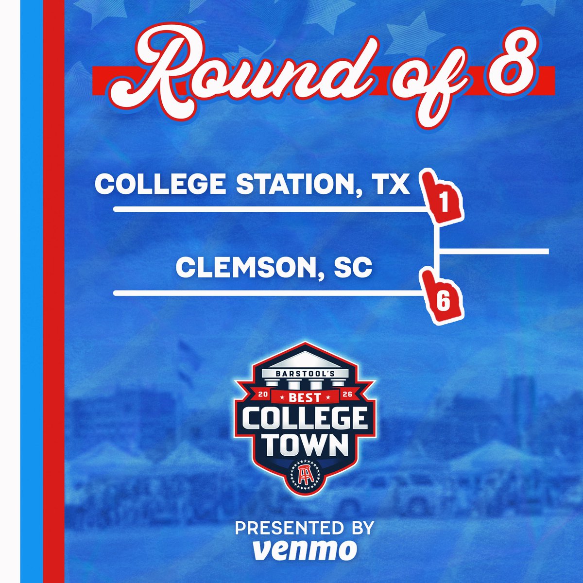 BarstoolTexasAM's tweet photo. THE ROUND OF 8 IS HERE 🚨

COLLEGE STATION NEEDS YOUR VOTE!

If we advance, Barstool is coming to town for a Round of 4 bar voting party within the next 2 weeks!

Voting ends Sunday at 11:59 ET 

Presented by @Venmo https://t.co/b3XiBoXgBJ